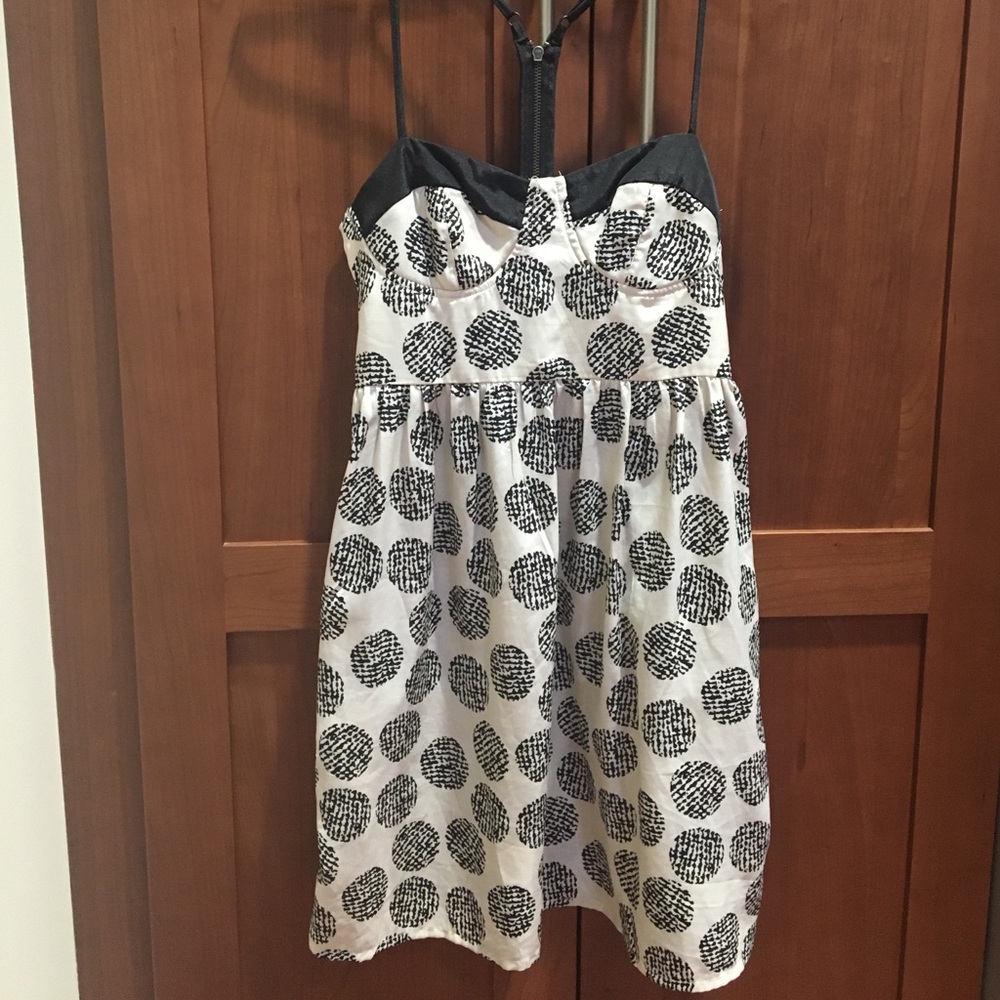 Bar III Black/off white abstract polka dot print mini dress racerback bustier